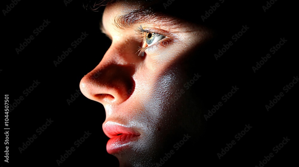 A close-up profile of a young person illuminated dramatically, showcasing expressive features with a subtle shine on their skin. A close-up profile of a young person illuminated dramatically, showcasing expressive features with a subtle shine on their skin.