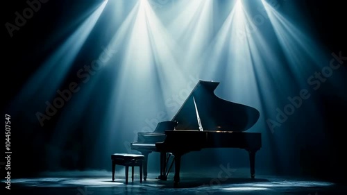 Grand piano on center stage in a beautiful concert hall, illuminated by a soft spotlight.