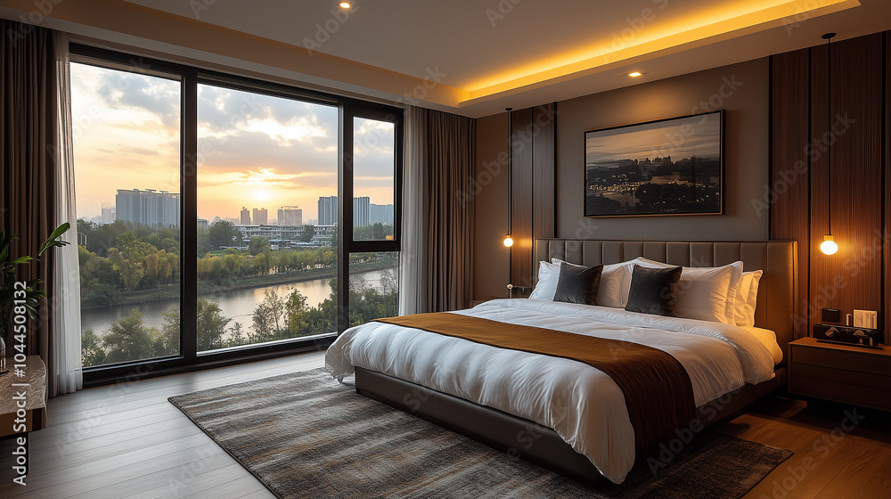 Serene Bedroom with Panoramic City View Serene Bedroom with Panoramic City View