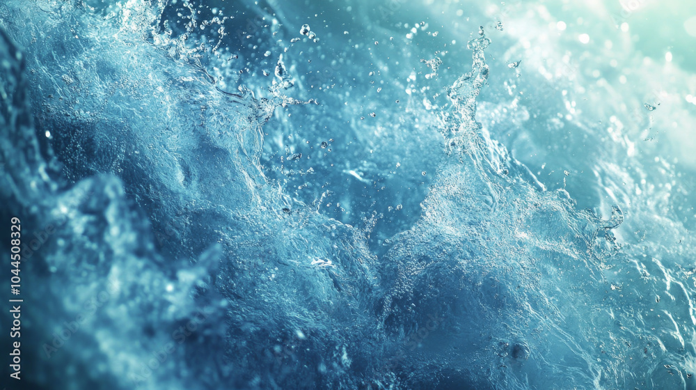 Fototapeta premium Crystal-clear blue water bursts into a splash, capturing the energy and beauty of nature. Ideal for showcasing purity and promoting products related to nature.