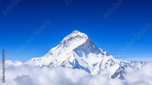 A breathtaking aerial view of a snow-capped mountain peak, towering above a sea of fluffy clouds against a vibrant blue sky.