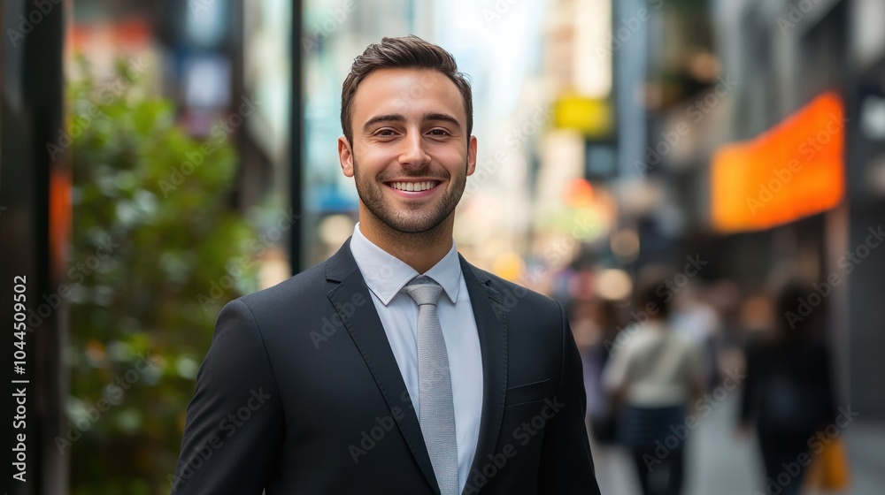 Fototapeta premium confident businessman in an elegant pinstripe suit and silk tie is leaning against a wall in a contemporary office lobby.