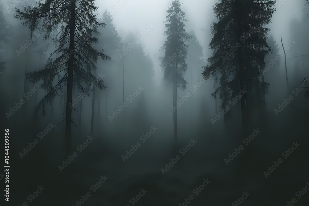 Mysterious Fog Envelopes Tall Trees in a Dark Forest Mysterious Fog Envelopes Tall Trees in a Dark Forest