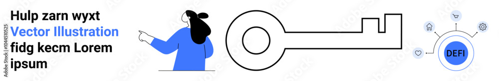 Person pointing towards a large digital key and decentralized finance elements. Ideal for technology, security, digital finance, innovation, fintech. Banner for landing page Person pointing towards a large digital key and decentralized finance elements. Ideal for technology, security, digital finance, innovation, fintech. Banner for landing page