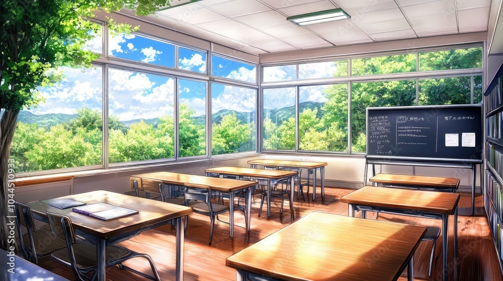 Fototapeta premium Retro anime-style classroom interior with wooden tables, vintage chalkboards, and warm sunlight illuminating the comfortable learning space.
