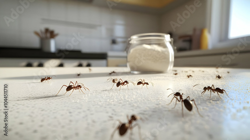 Ants Crawling on a White Kitchen Counter