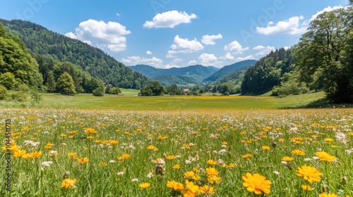 Wide panoramic view of a meadow in full bloom, filled with colorful flowers and lush green grass, set against a brilliant blue sky.