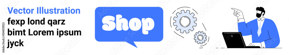 Blue and white theme of a person pointing at a laptop with an interactive speech bubble, gears, and text elements. Ideal for online retail, e-commerce platforms, technology, digital marketing