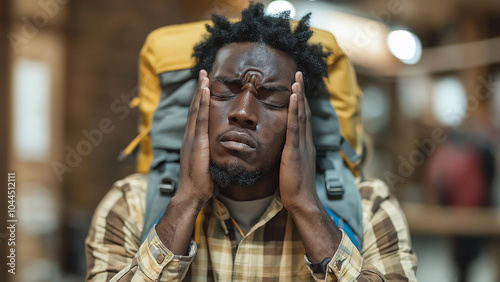 Black male backpacker or mountaineer, copy space, struggling with head in hands 