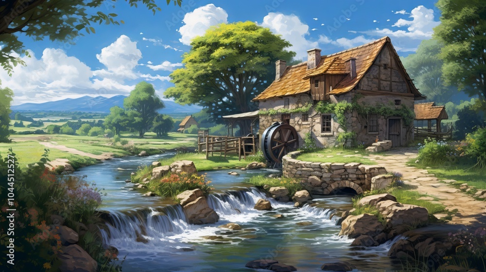 Stone Mill House by a Stream and Waterfall Stone Mill House by a Stream and Waterfall
