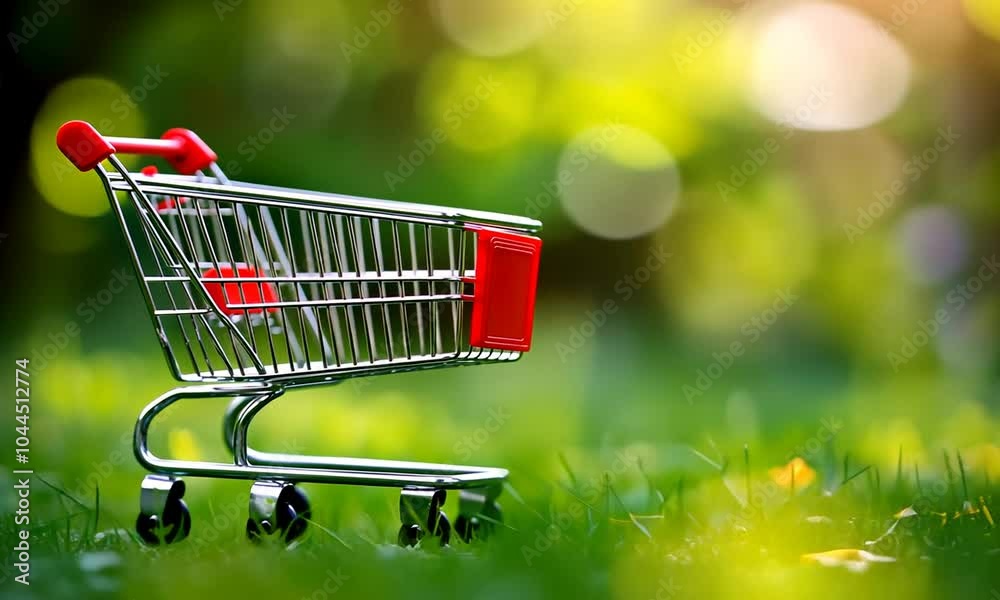 A shopping cart resting on green grass, symbolizing leisure and outdoor shopping. A shopping cart resting on green grass, symbolizing leisure and outdoor shopping.