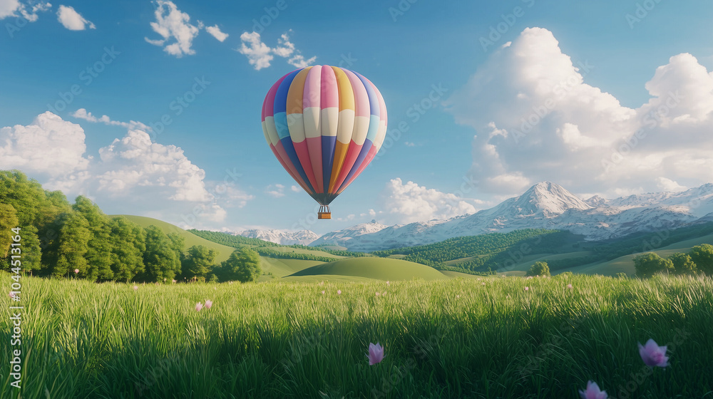 Fototapeta premium Hot Air Balloon Soaring Over Majestic Mountains