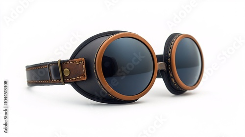 A black leather sunglasses vintage with a metal buckle and a film roll isolated on a white background, representing fashion, photography, and vintage movie equipment photo