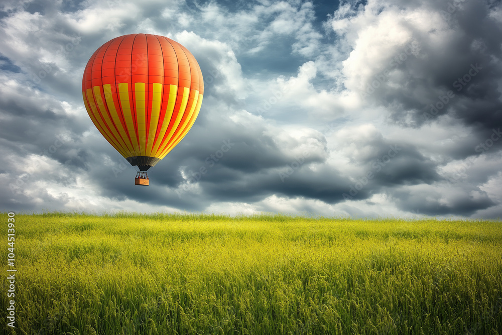 Obraz premium Hot Air Balloon Soaring Over a Field