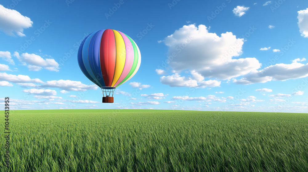 Naklejka premium Hot Air Balloon Soaring Over Green Field