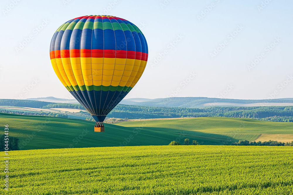 Fototapeta premium Hot Air Balloon Soaring Over Lush Green Fields