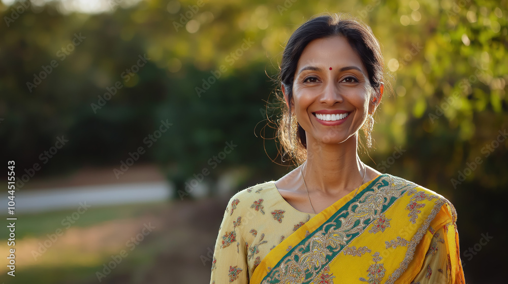 Portrait of a happy woman of Indian origin wearing traditional dress sari Portrait of a happy woman of Indian origin wearing traditional dress sari
