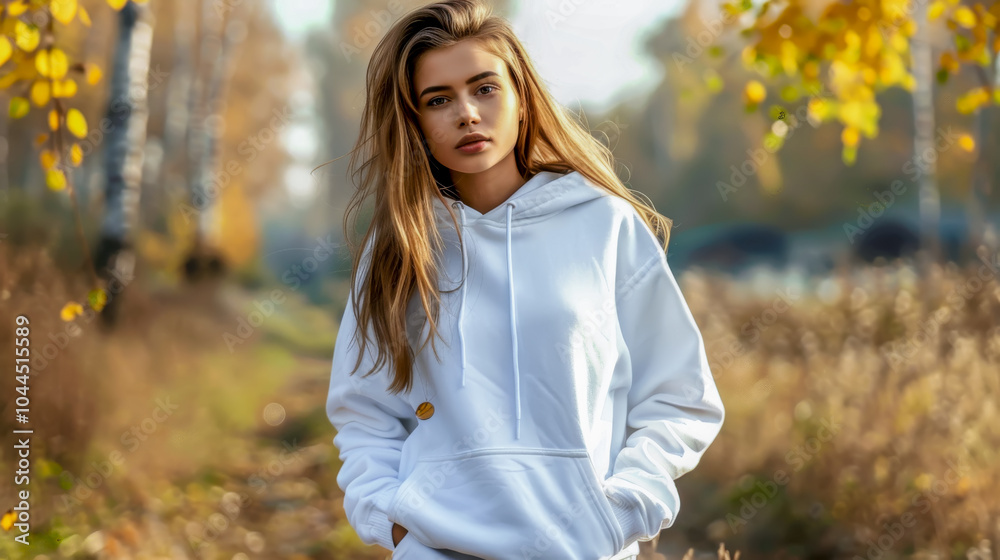 A woman in a white hoodie stands in a forest path bathed in soft autumn light A woman in a white hoodie stands in a forest path bathed in soft autumn light