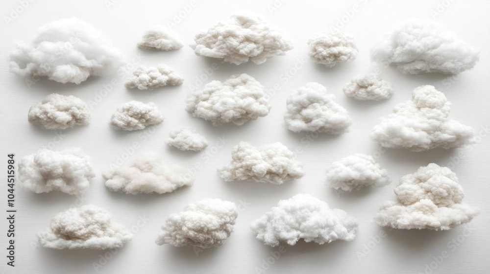 A collection of fluffy, white cotton-like clouds arranged artistically on a light background. A collection of fluffy, white cotton-like clouds arranged artistically on a light background.