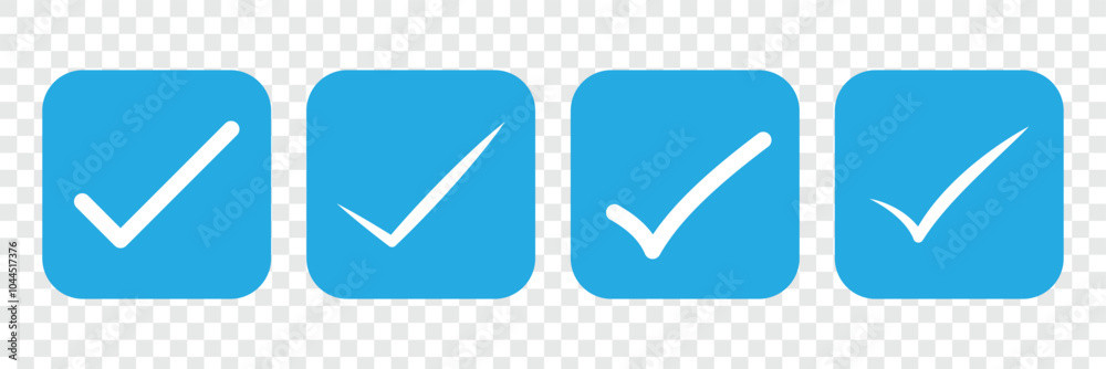 Check mark icon vector set. Blue Tick box, checkbox symbol. Verified account badge. Profile verification check marks icon. Approved symbol. Vector illustration. Check mark icon vector set. Blue Tick box, checkbox symbol. Verified account badge. Profile verification check marks icon. Approved symbol. Vector illustration.