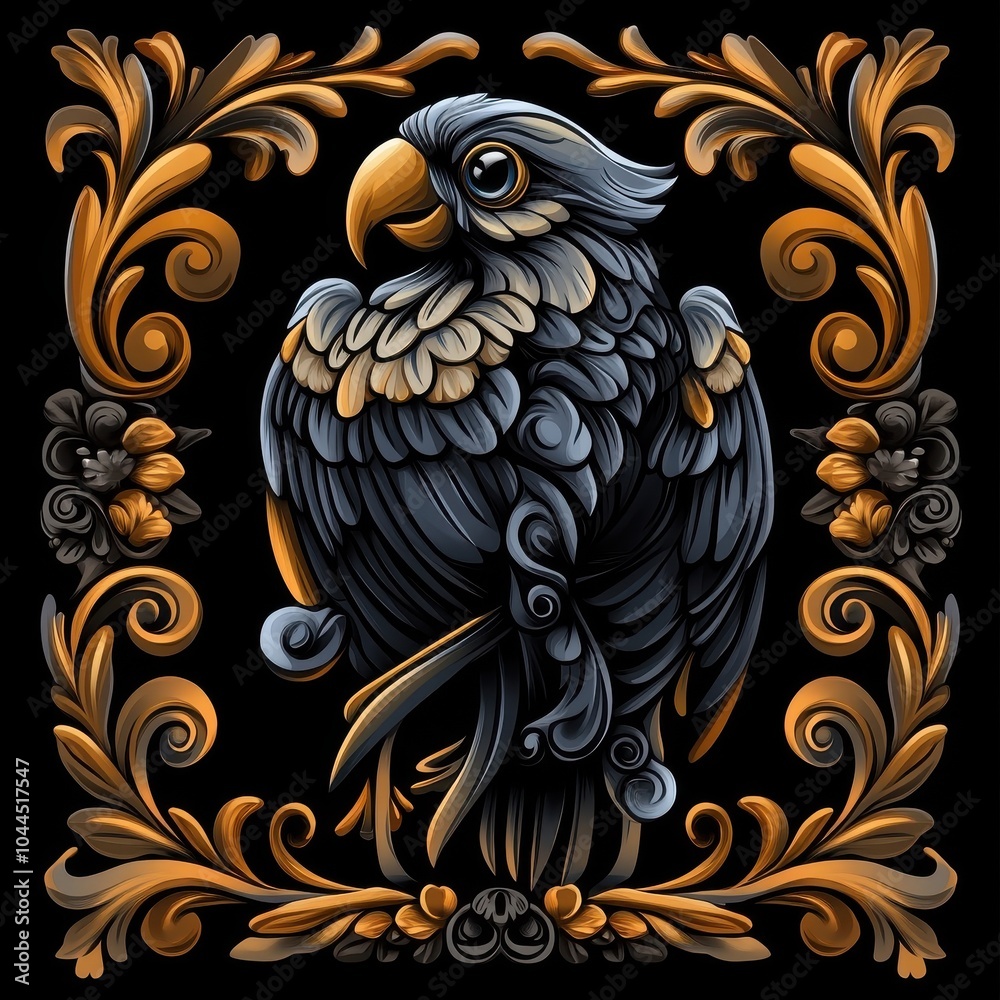 Fototapeta premium A parrot rendered in Art Nouveau style, with intricate, flowing patterns and decorative elements.