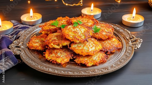 Hanukkah celebration with a platter of crispy latkes on an ornate silver tray, flickering candles illuminating a joyful festive setting photo