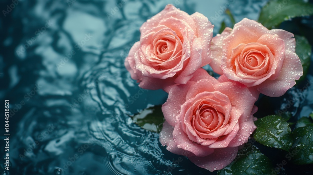 Obraz premium Overhead Shot of Beautiful Pink Rose Flowers Floating Gracefully in Water, Perfect for Romantic and Nature-Themed Projects