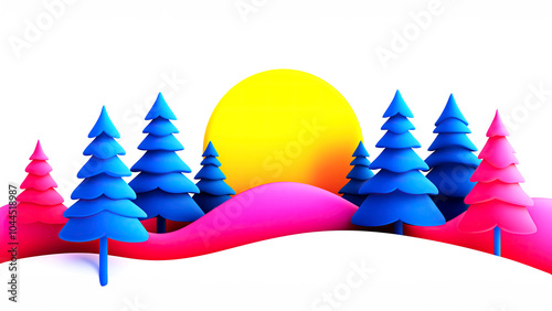 Winter soltice. Vibrant sunrise over winter forest with colorful geometric trees and hills photo