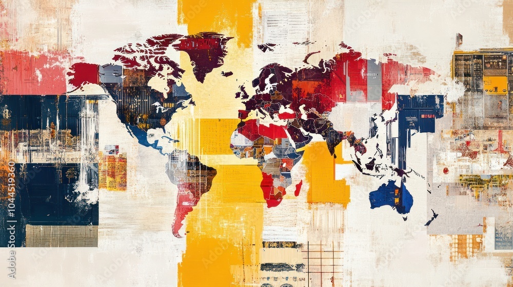 Fototapeta premium Abstract world map illustration with vibrant colors and textures.