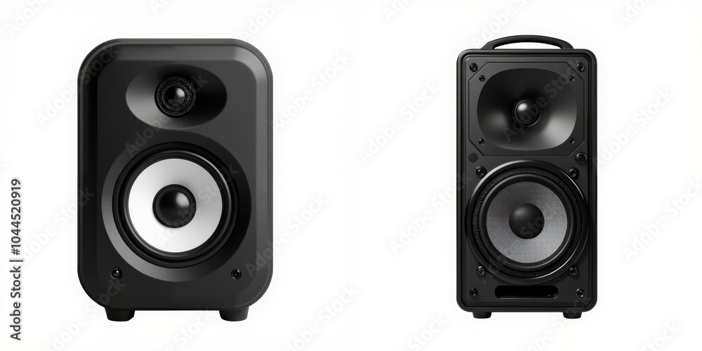 Black audio speakers, white isolate background Black audio speakers, white isolate background