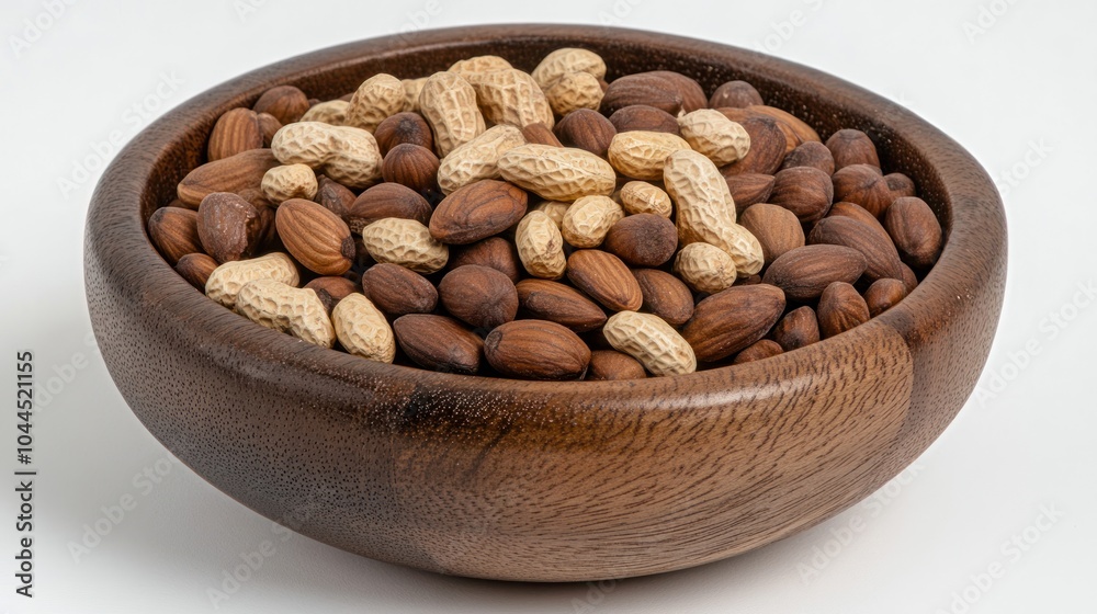 A wooden bowl filled with a variety of nuts, showcasing their textures and colors. A wooden bowl filled with a variety of nuts, showcasing their textures and colors.