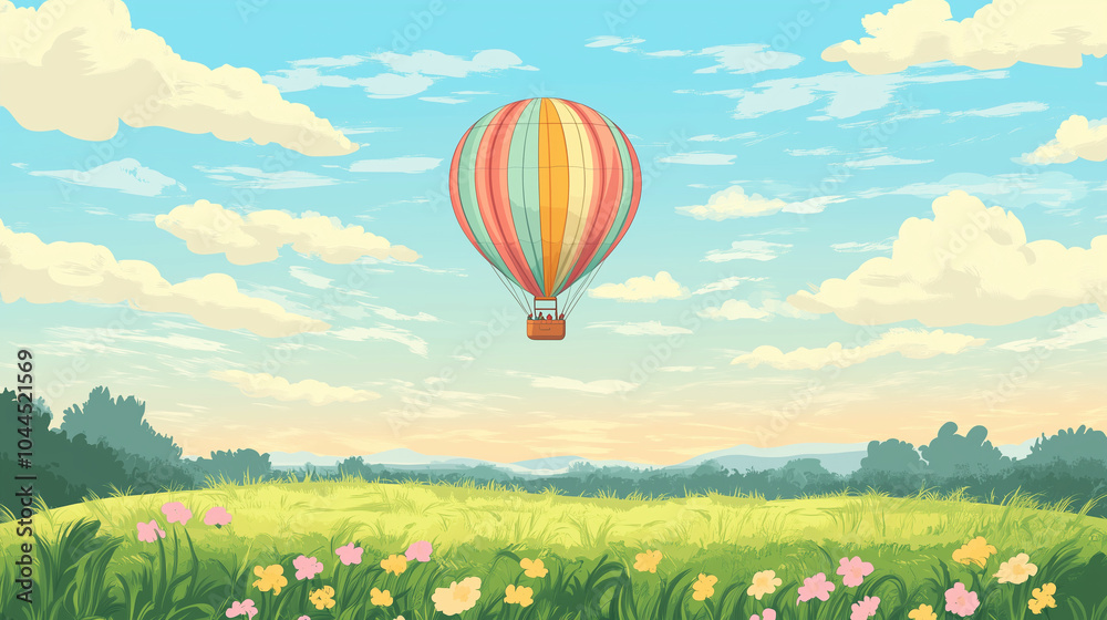 Naklejka premium Hot Air Balloon Soaring Over Lush Meadow
