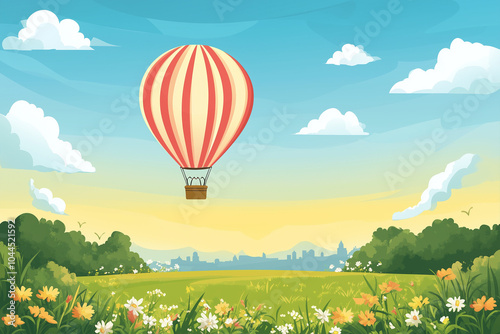 Hot Air Balloon Flying Over a Beautiful Meadow
