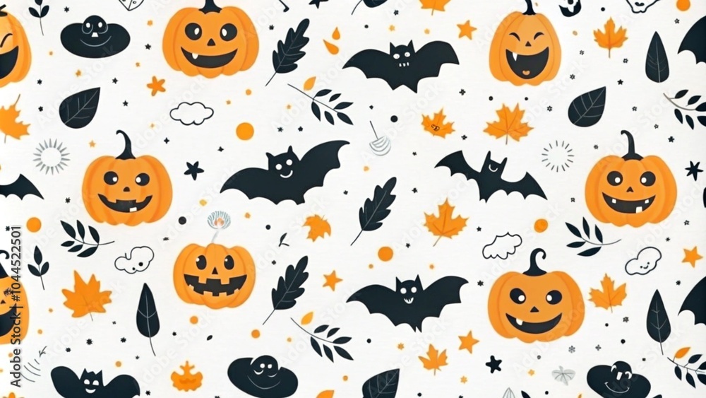 Obraz premium Seamless Halloween pattern featuring bats pumpkins and ghosts on a white background. A doodle-filled Halloween background featuring smiling ghosts, flying bats, and grinning pumpkins