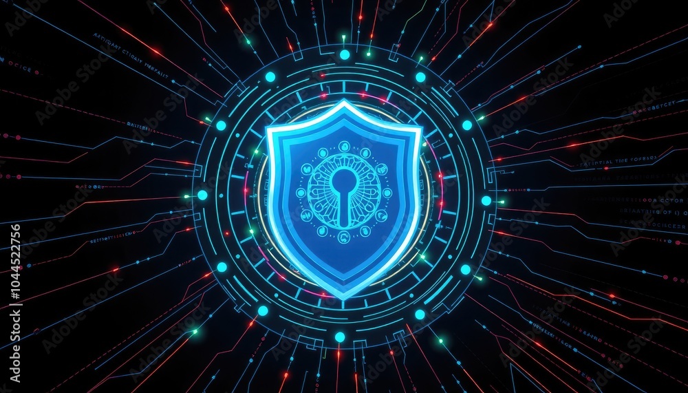 Futuristic Digital Security Interface with Shield Icon and AI Integration, Depicting Cybersecurity and Data Protection Through Artificial Intelligence and Network Connectivity Futuristic Digital Security Interface with Shield Icon and AI Integration, Depicting Cybersecurity and Data Protection Through Artificial Intelligence and Network Connectivity