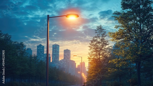 Street lights illuminating a road to the city at sunset with trees