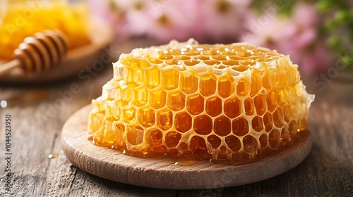 Freshly Harvested Honeycomb on Wooden Surface with Dripping Honey and Floral Background photo