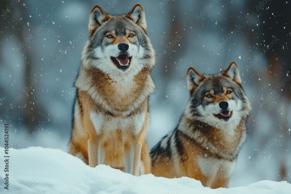 Two wolves howling while standing on snowy hill during winter Two wolves howling while standing on snowy hill during winter