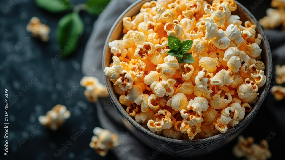 Delicious Top View of a Pile of Popcorn Snack Perfect for Movie Night or Party Promotion with Ample Copy Space Delicious Top View of a Pile of Popcorn Snack Perfect for Movie Night or Party Promotion with Ample Copy Space