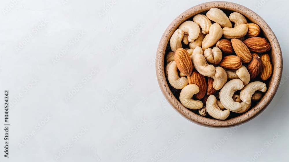 A bowl filled with various nuts, including cashews and almonds, on a light background. A bowl filled with various nuts, including cashews and almonds, on a light background.