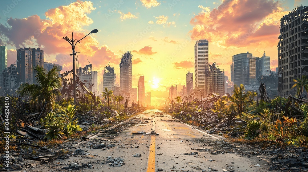 Fototapeta premium A post-apocalyptic scene featuring a desolate road leading toward a vibrant sunset, surrounded by overgrown vegetation and ruined skyscrapers.