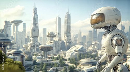 A futuristic robot stands overlooking an advanced cityscape filled with towering skyscrapers and innovative technology under a clear sky.