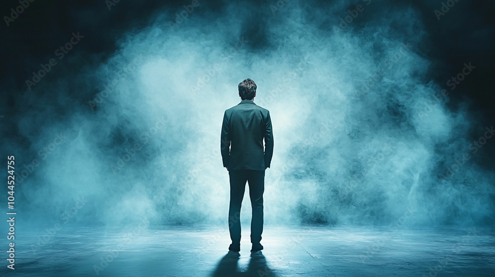 A silhouetted figure stands in a foggy, atmospheric setting, evoking mystery and contemplation. A silhouetted figure stands in a foggy, atmospheric setting, evoking mystery and contemplation.