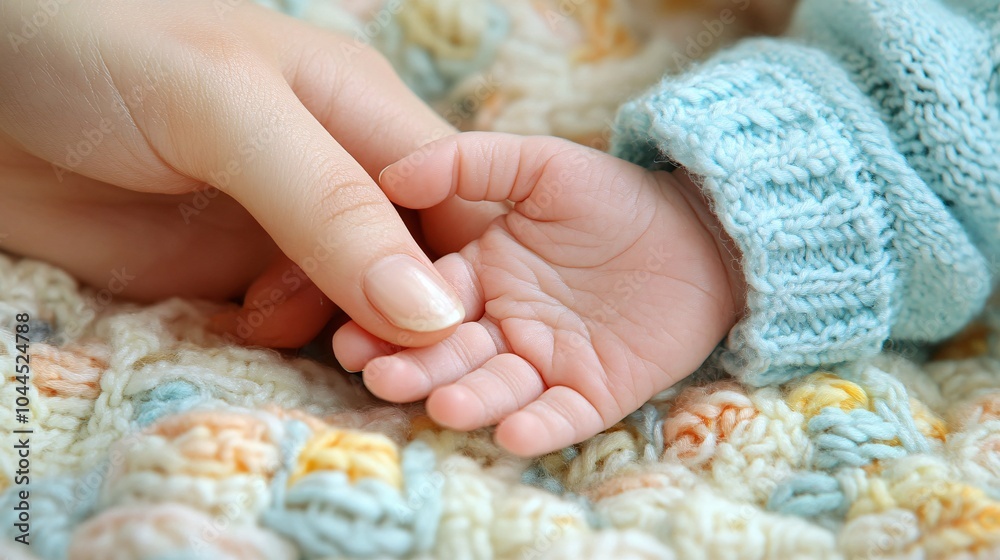 Closeup of tiny baby hand in a knitted blanket and sweater with hands gently holding them Closeup of tiny baby hand in a knitted blanket and sweater with hands gently holding them