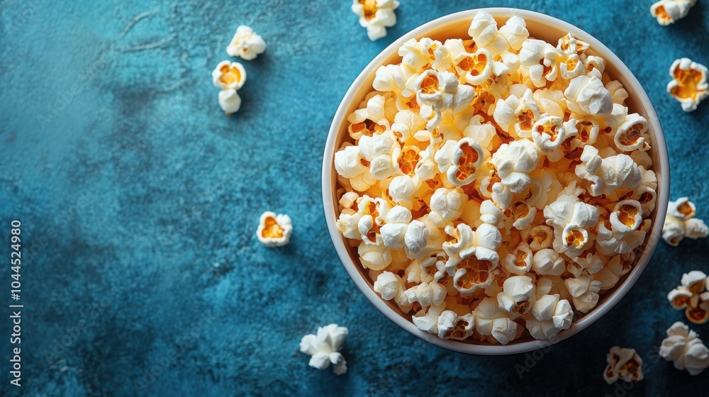 Delicious Pile of Popcorn from a Top View: Perfect for Snack Promotions, Movie Nights or Culinary Blogs Showcasing Tasty Treats