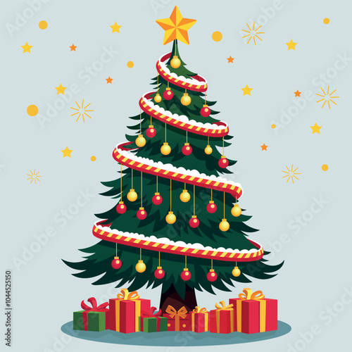 beautiful Christmas tree illustration vector with Christmas light bulbs hanging on the tree with a star top on the tree and Christmas gift boxes under the tree