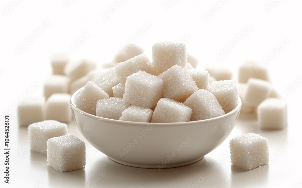 Bowl of sugar cubes with a spoon, showing closeup of white sweet ingredients Bowl of sugar cubes with a spoon, showing closeup of white sweet ingredients