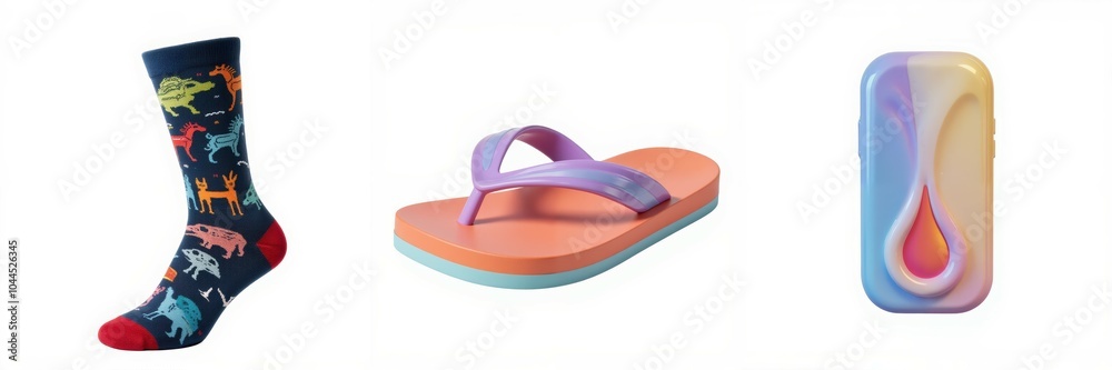 Colorful socks, flip-flops, and phone case. Colorful socks, flip-flops, and phone case.