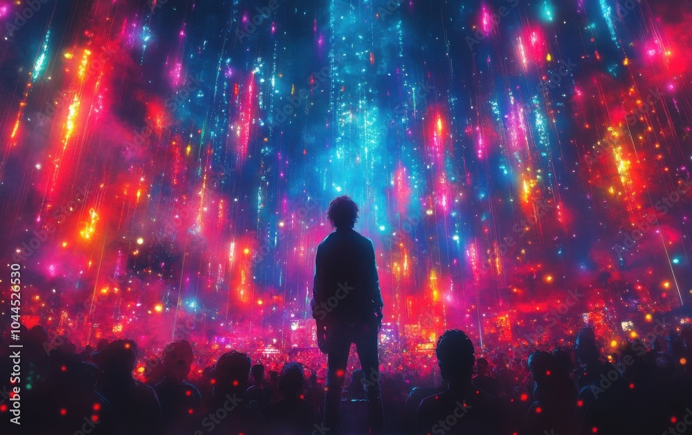 Person enjoying a vibrant outdoor music festival at night. Featuring a live band, colorful lights, and a crowd. Emphasizing entertainment and social experience. Ideal for music and event blogs. Person enjoying a vibrant outdoor music festival at night. Featuring a live band, colorful lights, and a crowd. Emphasizing entertainment and social experience. Ideal for music and event blogs.