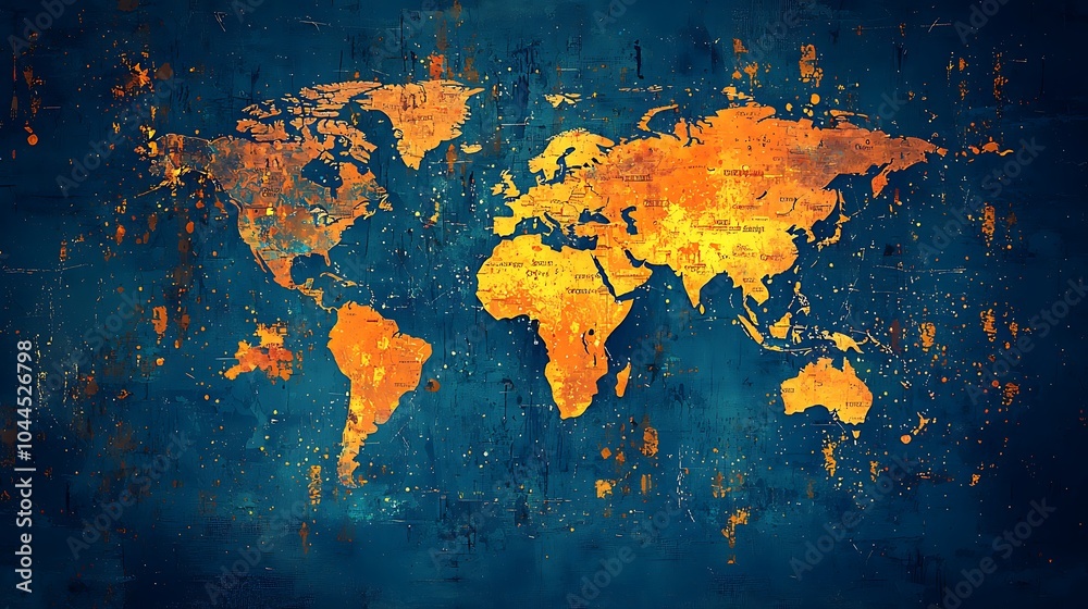World Map on Grunge Background: An abstract, textured world map rendered in warm hues against a cool blue backdrop, evoking a sense of global connection and exploration. Perfect for themes of travel. World Map on Grunge Background: An abstract, textured world map rendered in warm hues against a cool blue backdrop, evoking a sense of global connection and exploration. Perfect for themes of travel.